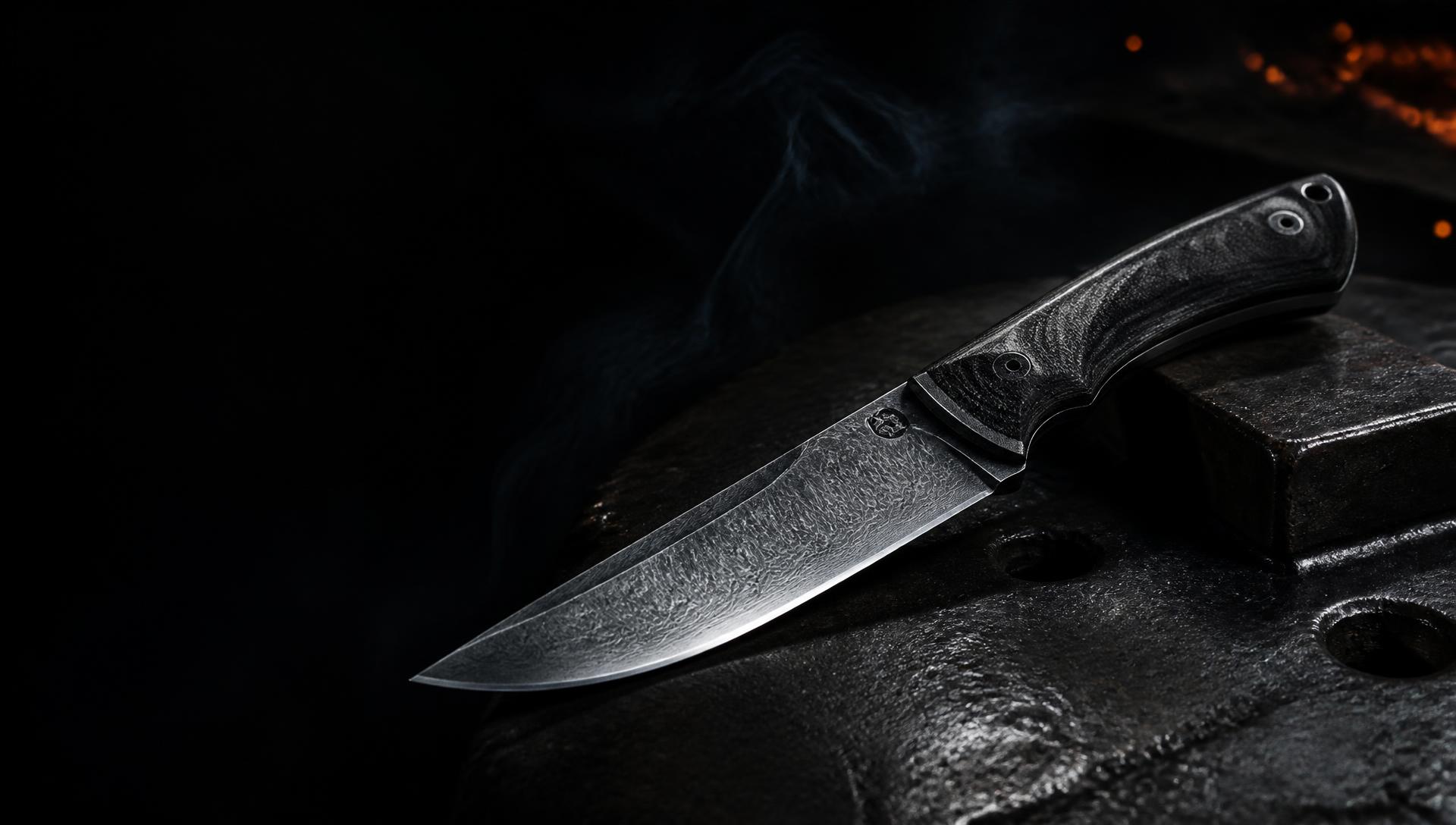 Forged fixed-blade knife resting on blackened steel